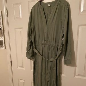 Army green cropped jumpsuit with waist tie.